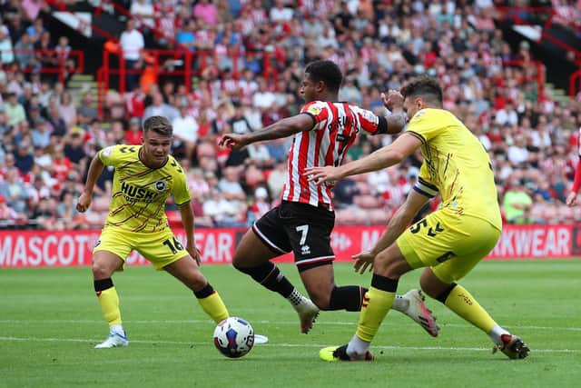 Rhian Brewster of Sheffield United is brought down in the box against Millwall: Simon Bellis / Sportimage