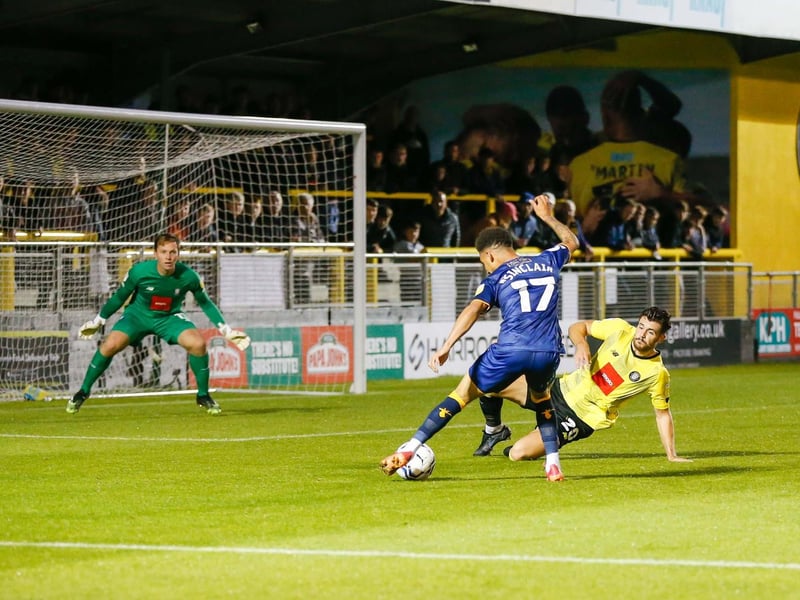 Mansfield Town forward Tyrese Sinclair lines up his shot.