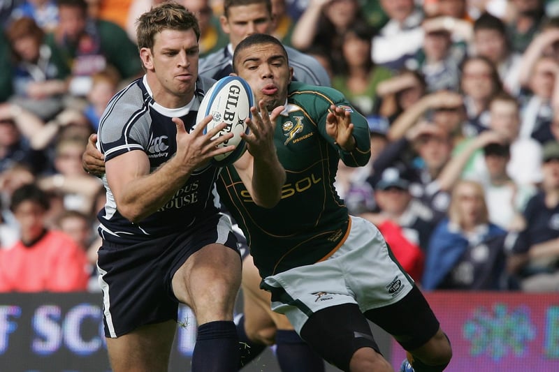 Scotland 3, South Africa 27: August 25, 2007, summer test
Former Hawick and Border Reivers star Nikki Walker being tackled by Bryan Habana of South Africa at Murrayfield in Edinburgh  (Photo by David Rogers/Getty Images)