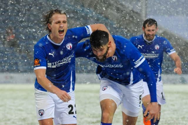 Tom Whelan celebrates his first goal for Chesterfield which was enough to beat Solihull Moors.