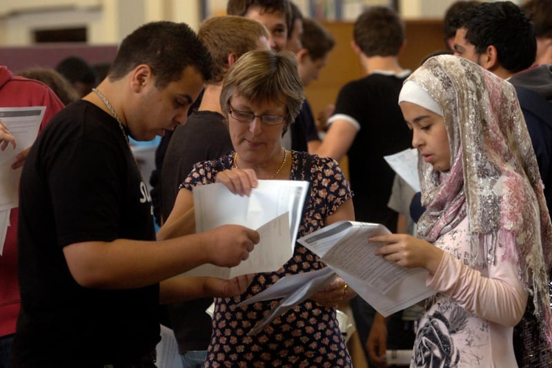 Pupils discuss their results with teachers at High Storrs School, Sheffield in 2010