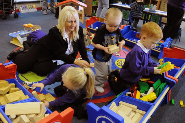Nursery head Teacher Diane Jeffries with young pupils in the new room of the nursery at Bexhill Primary School, Sunderland. Can you recognise the youngsters having fun?
