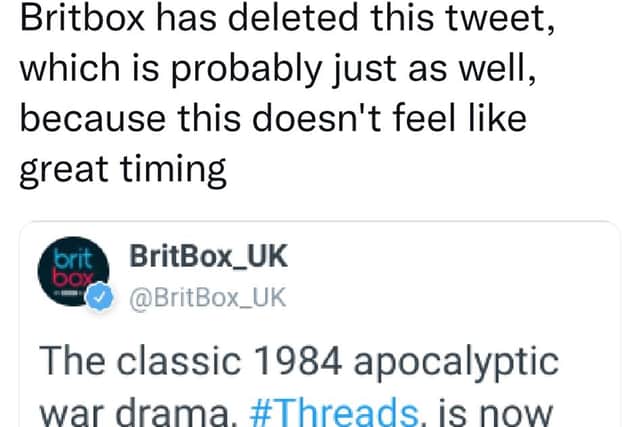 Journalist Kate Bevan noticed that BritBox UK had quickly deleted this tweet.