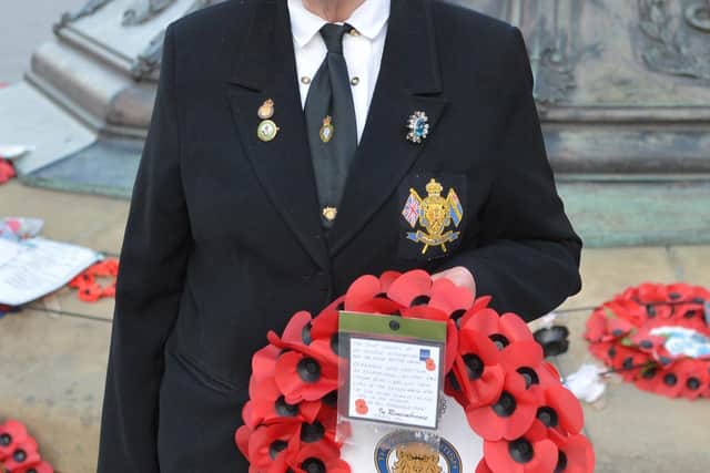 Pat Davey (Chairman Sheffield and District Joint Council of Ex-Service Associations)
and (Chairman Frecheville Branch Royal British Legion) Lays a wreath At Sheffield war memorial.