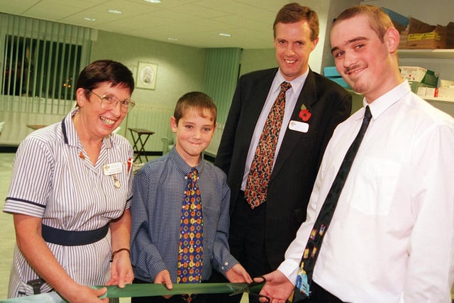 In 1998 Neil Kirkham (right) and his brother Ben Kirkham officially opened the new chemotherapy unit at Doncaster Royal Infirmary). Looking on are Trust chairman David Kitson and specialist nurse hematolgy and chemothjerapy Joyce Burman.