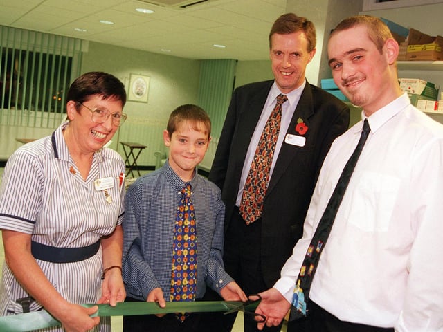 In 1998 Neil Kirkham (right) and his brother Ben Kirkham officially opened the new chemotherapy unit at Doncaster Royal Infirmary). Looking on are Trust chairman David Kitson and specialist nurse hematolgy and chemothjerapy Joyce Burman.