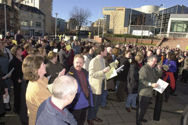 Whistle protest: Sheffield Hallam University lecturers pictured outside the Howard Street entrance, Sheffield Hallam University