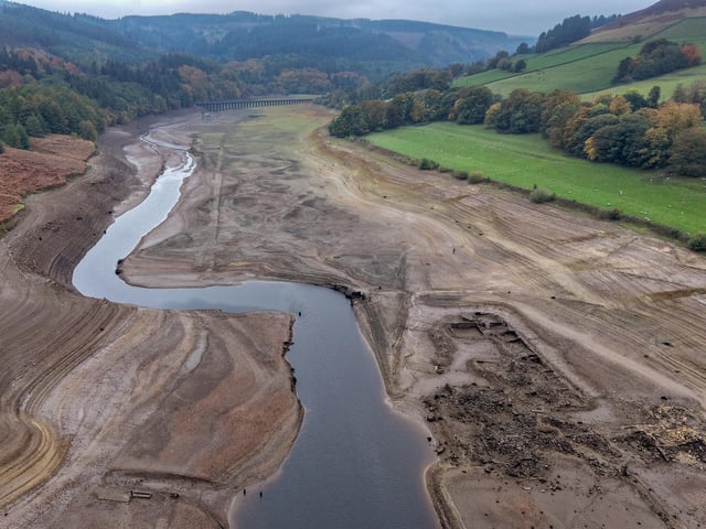 An aerial view of the ruins of Derwent Village, flooded in the 1940s to provide drinking water for the East Midlands and Sheffield, exposed due to the low water level at Ladybower Reservoir amid drought conditions. (Photo by Christopher Furlong/Getty Images)
