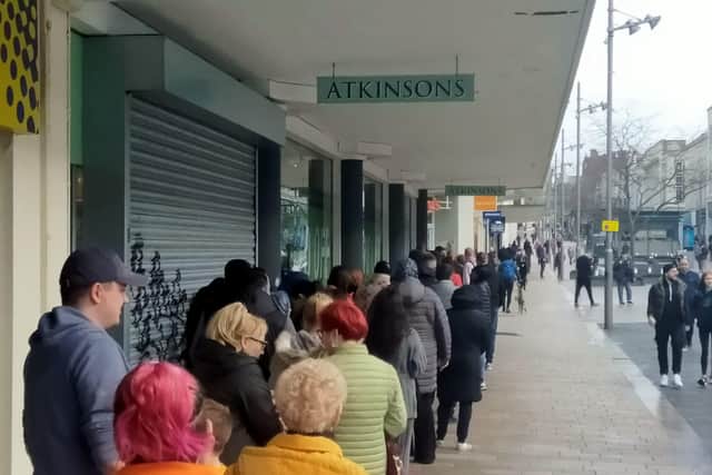 Shoppers queued down The Moor for the latest installment of Atkinsons "Massive £Million Markdown" sale