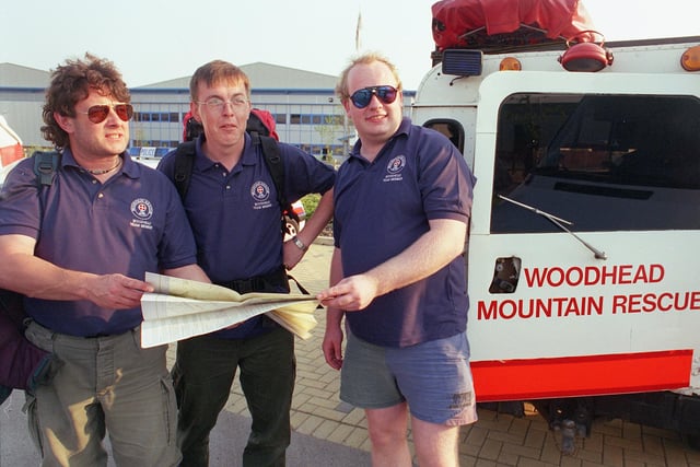 Graham Hodgson, Nigel Lambley and Paul Schofield of the Woodhead Mountain Rescue team, about to set off on the search in 1999