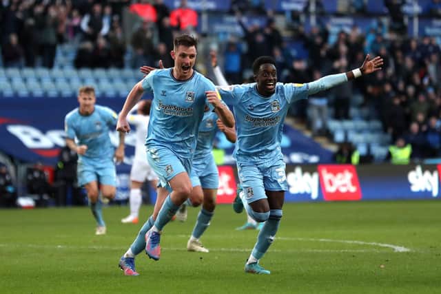 Coventry City's Dom Hyam (left) celebrates scoring what would be tje winner against Barnsley at The Coventry Building Society Arena. Bradley Collyer/PA Wire.