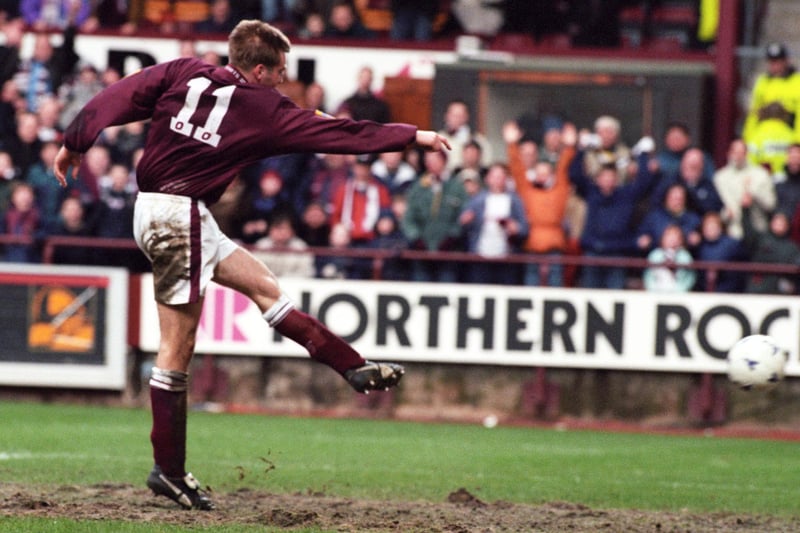 Pictured scoring Hearts' fourth against Ayr, the striker has been out of football other than appearing for Hearts at hospitality events.