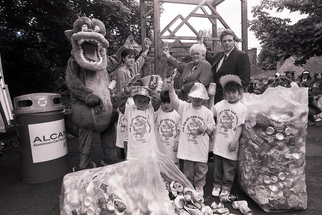 Children build a Cathedral of Cans at Abbeydale Industrial Hamlet, Sheffield, June 19, 1991