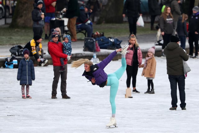 Jenni Kerr (21) ice skates on a frozen pond in Queen's Park in Glasgow . Picture: Andrew Milligan/PA Wire