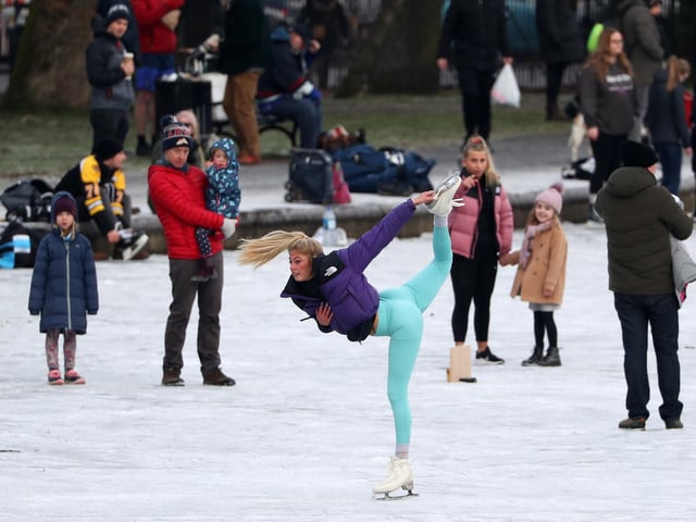 Jenni Kerr (21) ice skates on a frozen pond in Queen's Park in Glasgow . Picture: Andrew Milligan/PA Wire
