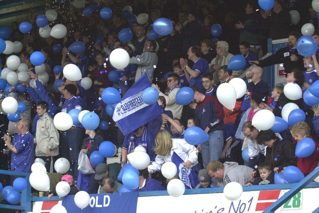 Spireites fans celebrate winning promotion from Division Three.