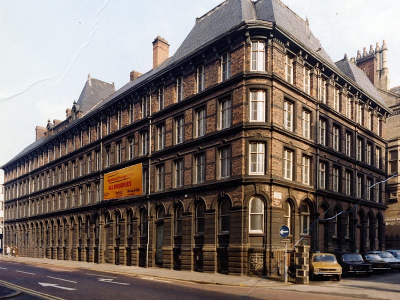 Quebec Street, Leeds, showing the junction with Toronto Street, right. Quebec Street opened in 1872 and was named in memory of General Wolfe, who captured Quebec, in Canada, in 1759, but was killed in the Battle of the Plains of Abraham. This photograph dates from 1979, when office space was being advertised with a large 'all enquiries' sign. Towards the end of the 19th century, the corner buildings at the junction of Toronto Street and Quebec Street were occupied by the firm of G.H. Roberts & Co., manufacturer and merchants of textiles. It is addressed in the Slater's Directory of Leeds and District for 1890 as number 10 Toronto Street. George Herbert Roberts also had premises at Beeston Hill and St. Lukes Road in Beeston. The partnership he had with his brother Edwin Roberts was dissolved in 1892. These buildings have been demolished and were replaced by Cloth Hall Court between 1980 and 1983.