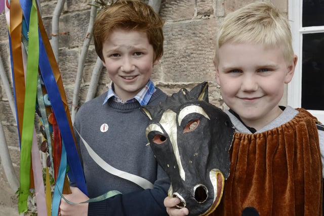 Shaker Will Moor and Hobby Horse Charlie Mulvey at the crowning of the May Queen ceremony involving pupils from Hugh Joicey CofE First School in Ford in 2017.
 Picture by Jane Coltman