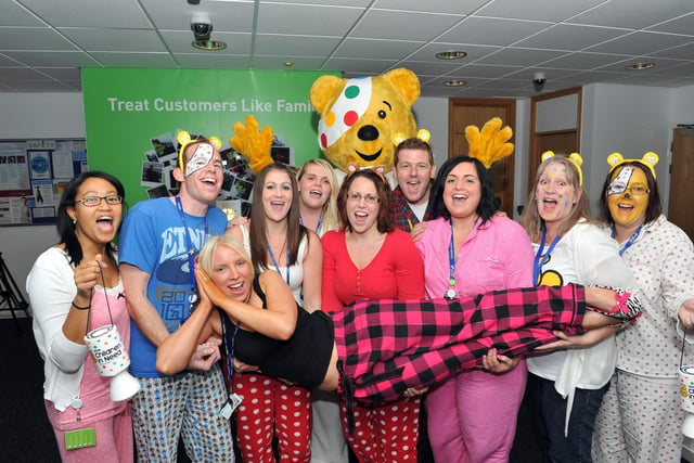 2011. Staff from Southern Electric raising money for Children in Need.
Pyjama party! Anna Hall is supported by her colleagues in the Customer Services Team.
Picture: Steve Reid 113947-601