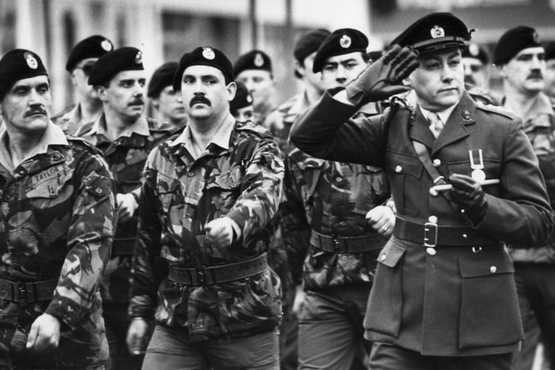 Members of the Royal Engineers salute the civic party on the steps of the Town Hall in November 1991.
