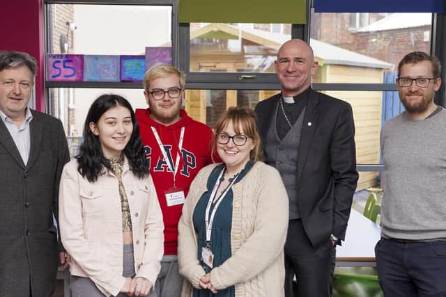 Bishop of Sheffield Rt Revd Pete Wilcox visits the Roundabout charity. From Left to right: Ben Keegan CEO, Aimee Gibson, Skylar, Hayley McBeth, Rt Revd Pete Wilcox, Chris Ware. Picture Scott Merrylees.