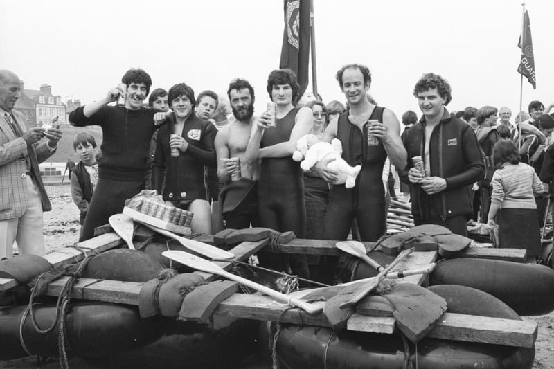 The victorious Hylton Ski Club crew who paddled home to become the winners in the first Roker raft race in 1980.