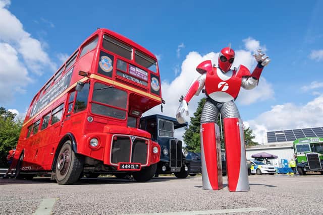 Electrician Rob Grimbley made a superhero suit out of old bus panels and parts. The character has no name - yet. Pic: Mike Sewell.