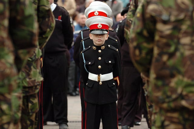 Remembrance Sunday at Guildhall Square Portsmouth 2007. Young marine. Picture: Malcolm Wells (074544-96)