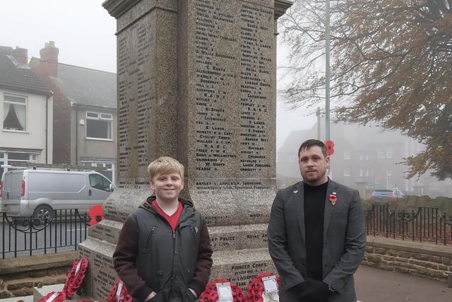 Reece Grounds with his Dad Councillor Dale Grounds at the Cenotaph at Kirkby Picture: Ashfield District Council
