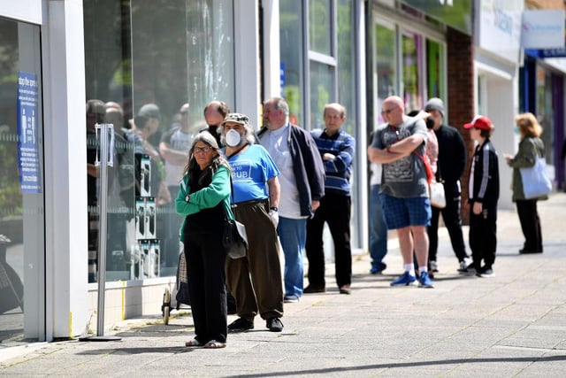 Socially distant queues formed outside a HMV branch in Plymouth as the retailer opened its shutters.