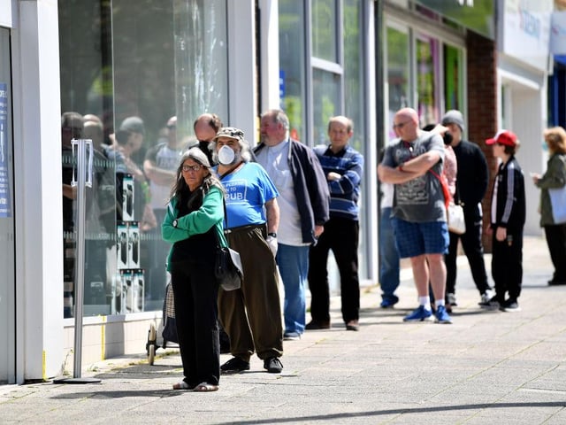 Socially distant queues formed outside a HMV branch in Plymouth as the retailer opened its shutters.