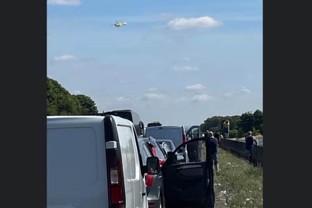 The M18 has been closed after a ‘police incident’ this morning. The picture shows the Yorkshire Air Ambulance leaving the scene