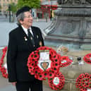 Pat Davey (Chairman Sheffield and District Joint Council of Ex-Service Associations) and (Chairman Frecheville Branch Royal British Legion) Lays a wreath At Sheffield war memorial before the Covid-19 pandemic.