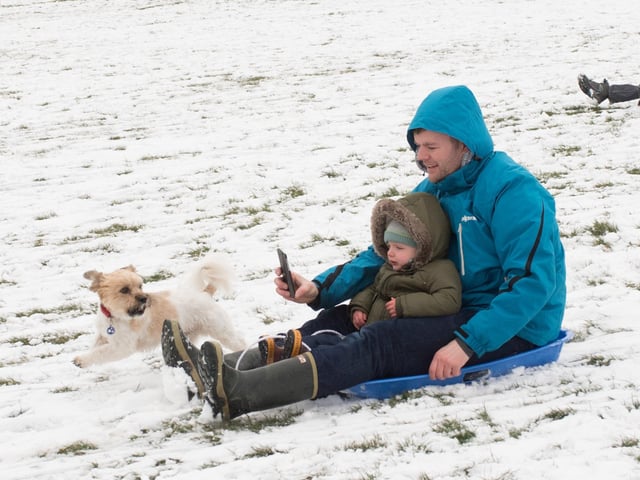 Paul and George Higgs on the sled accompanied by their dog in March 2018. Picture: Keith Woodland