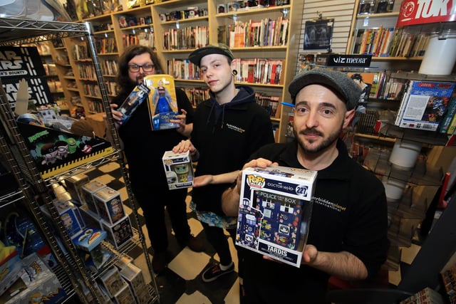 Doctor Who merchandise on sale at Forbidden Planet International in Sheffield. Pictured are Richard Smith, Joe Smith and Dan Liles