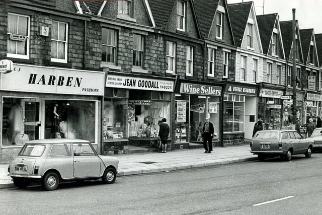 Looking back at the old shops on Middlewood Road, Hillsborough, in 1977