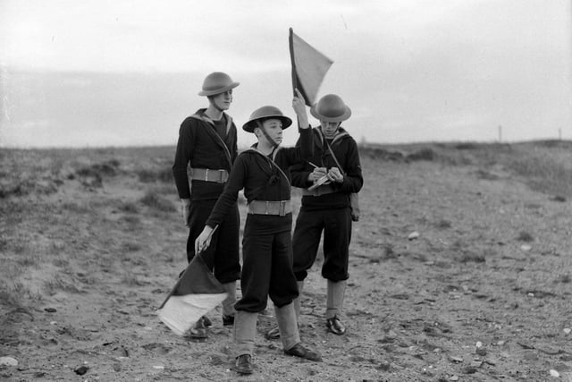 Signallers of the Jack Crawford  Sea Cadet Corps are pictured at practice near their Sunderland headquarters in 1939.