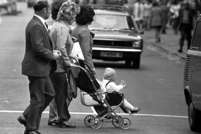 Pedestrians crossing against the lights in Argyle Street Glasgow, August 1974.