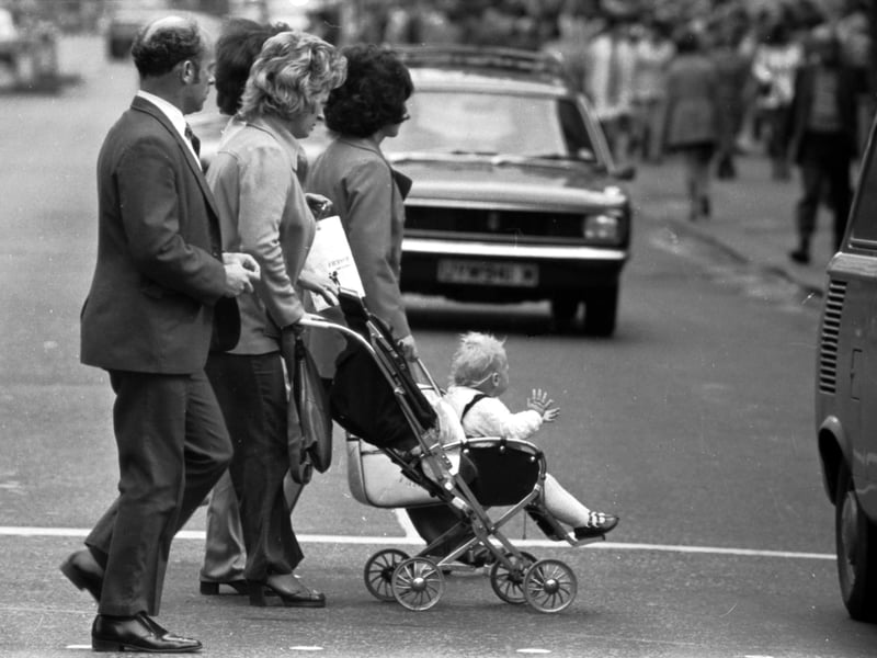 Pedestrians crossing against the lights in Argyle Street Glasgow, August 1974.