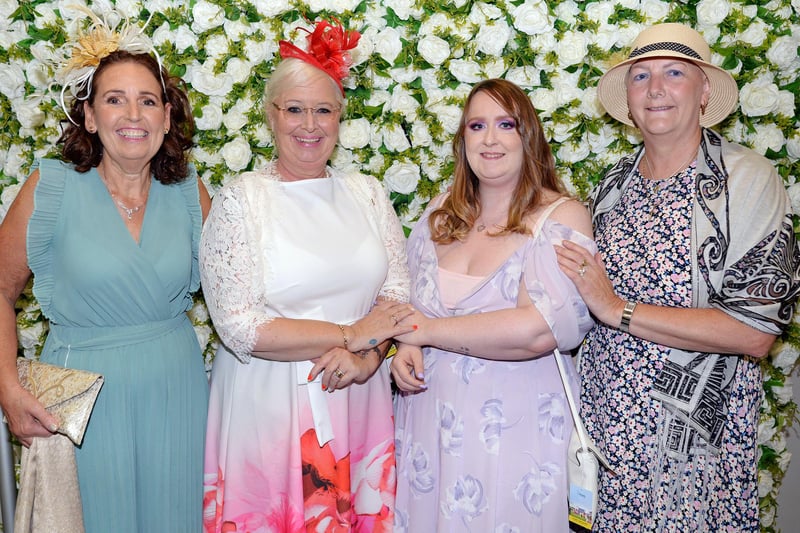 St Leger Festival, Ladies Day 2021. L-r Helen walker, Kate Dey, Abigail Peace and Sue Asquith,