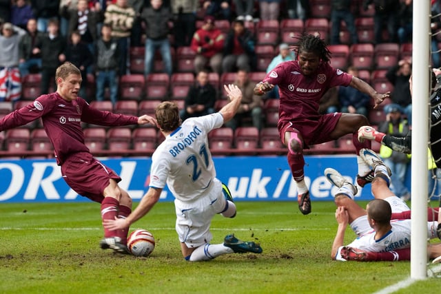 Zaliukas scores the opener before Laryea Kingston (also pictured) netted a second a short time later in a 2-1 victory over Rangers at Tynecastle.