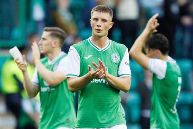 Hibs defender Will Fish at full time after the 5-0 defeat to Aston Villa at Easter Road.  (Photo by Ross Parker / SNS Group)
