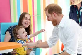 Prince Harry, Duke of Sussex plays with one year old Noah Nicholson, during a visit to Sheffield Childrenâ€™s Hospital on July 25, 2019 in Sheffield, England. (Photo by Chris Jackson/Getty Images)