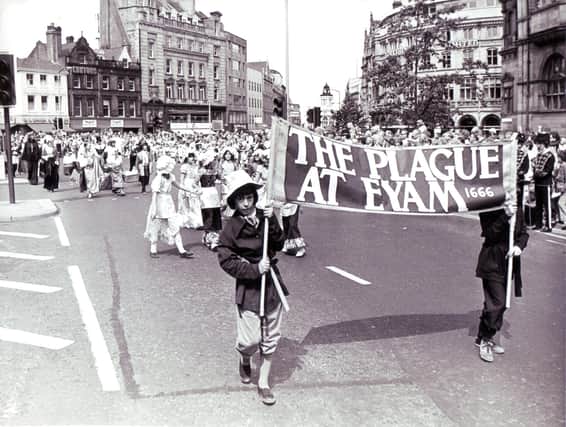 The plague at Eyam played by Norton Junior School passed the Town Hall in 1976 as part of the Sheffield Historical Pageant