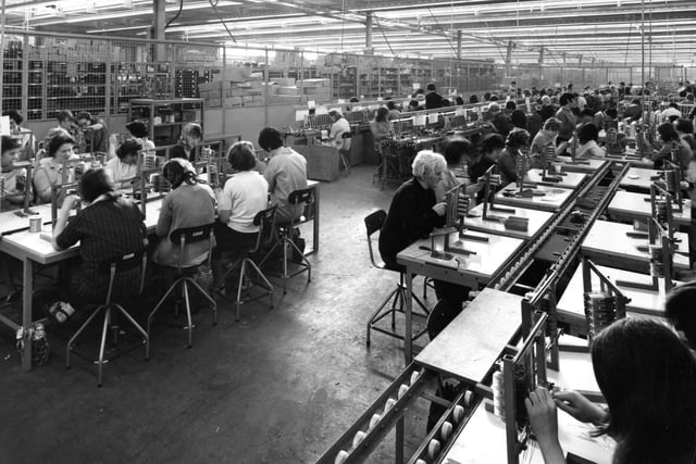 The Plessey 5005 Crossbar telephone exchange equipment was pictured being assembled at the Company's new  £500,000 factory at South Shields in 1969.