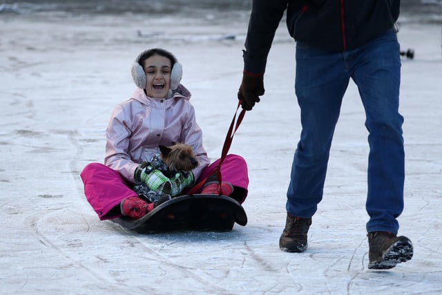 Guyatri Manak (11) with her dog Holly are pulled on a sledge along a frozen pond in Queen's Park in Glasgow. Picture: Andrew Milligan/PA Wire