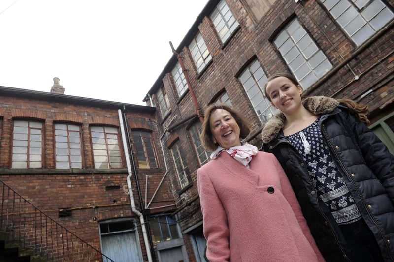 Two surviving relatives of Harry Brearley(Inventor of Stainless Steel) visited the Portland Works,Randall Street,where he used to work.Pictured are Anne Brearley(Great Neice) and Hannah Brearley(Great Great Grand-Daughter)