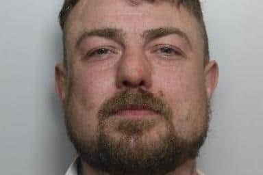 Pictured is Bryn Jones, aged 37, of Hillcrest Drive, Oughtibridge, Sheffield, who has been sentenced at Sheffield Crown Court to 27 months of custody after he pleaded guilty to affray and to threatening another person with a bladed article, namely a hatchet or axe, after an incident with the landlord at the Hare and Hounds pub, at Oughtibridge, Sheffield.