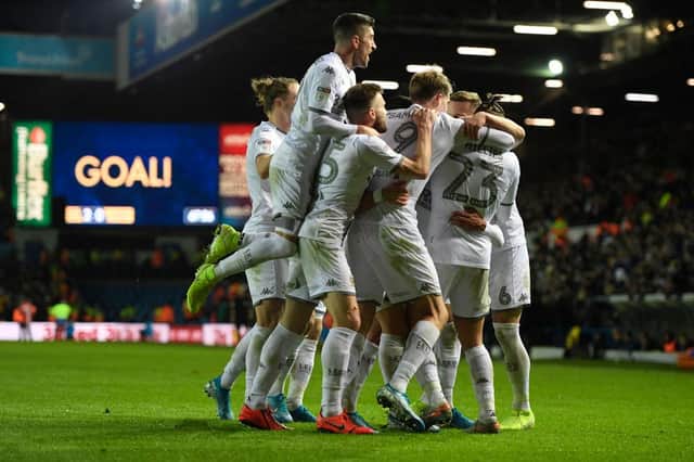 Leeds United players celebrate after scoring against Middlesbrough.