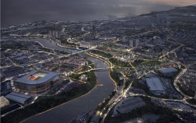 A new business district would create up to 10,000 new jobs while aerial impressions feature new bridges across the River Wear.